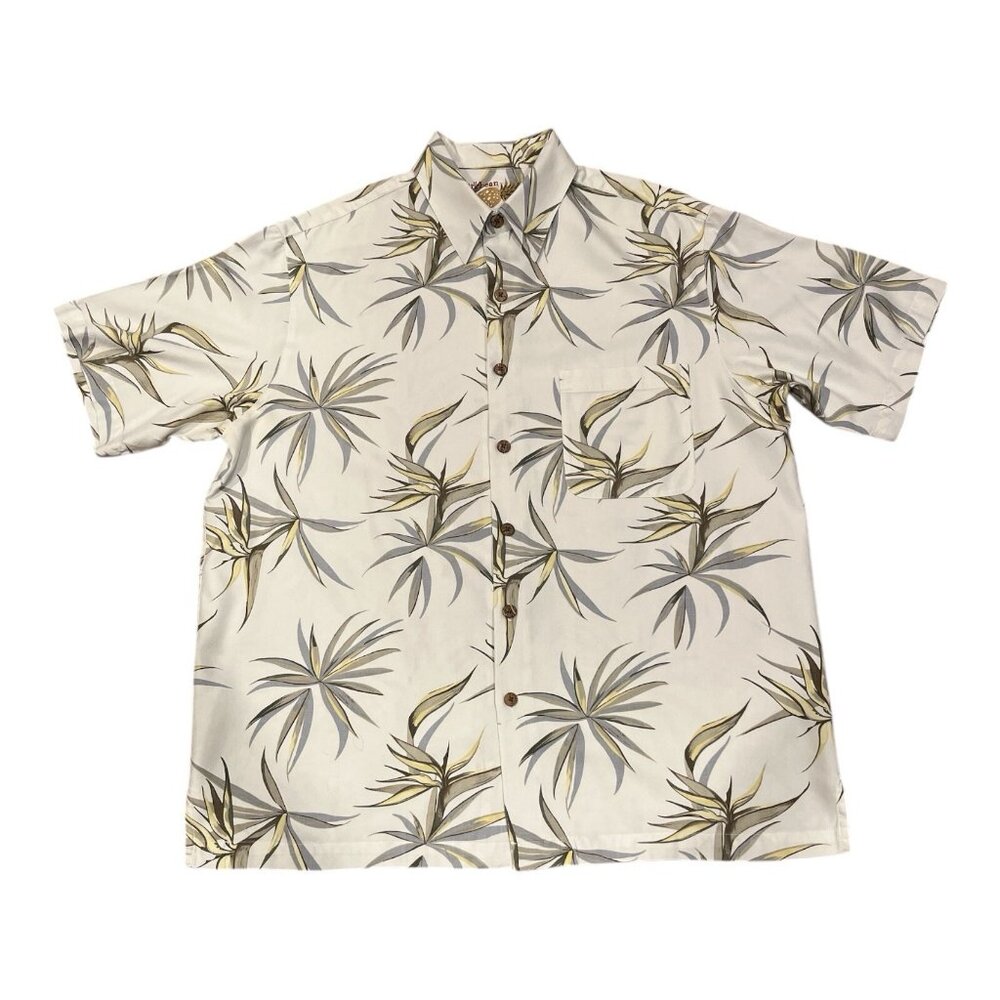 Caribbean Men's L Hawaiian Silk Blend Shirt Palms Floral Beige Short Sleeve